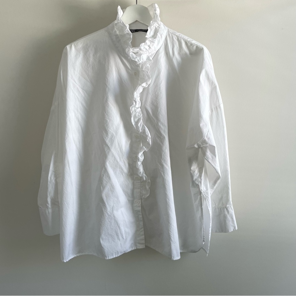 Zara White Ruffled Button-Front Women's Shirt